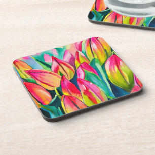 Pink watercolor tulips art coaster