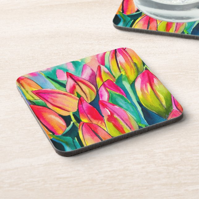 Pink watercolor tulips art coaster (Left Side)