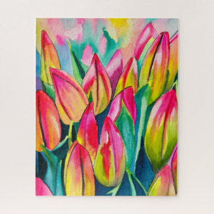 Pink watercolor tulips art jigsaw puzzle