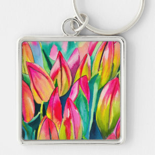 Pink watercolor tulips art key ring