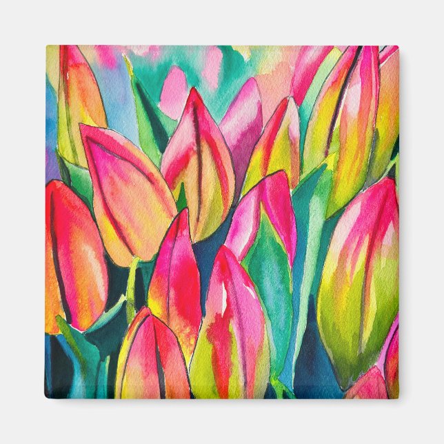 Pink watercolor tulips art magnet (Front)