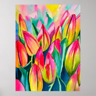 Pink watercolor tulips art poster
