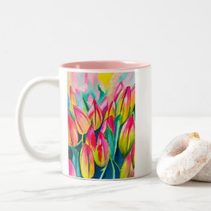 Pink watercolor tulips art Two-Tone coffee mug