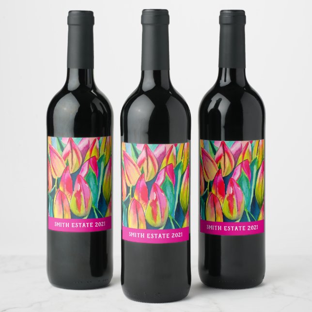 Pink watercolor tulips art wine label (Bottles)