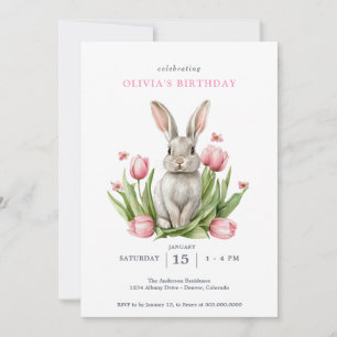 Pink Watercolor Tulips Bunny Rabbit Invitation