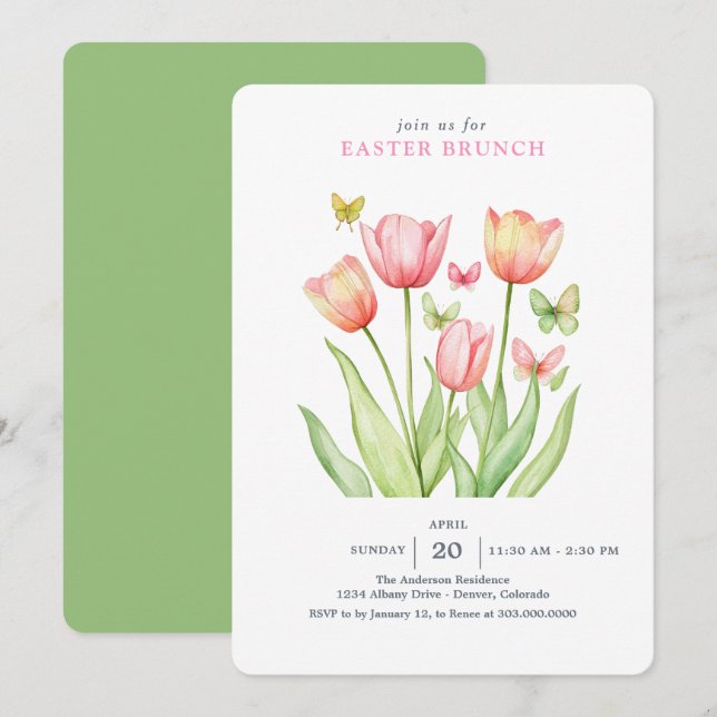 Pink Watercolor Tulips Bunny Rabbit Invitation (Front/Back)