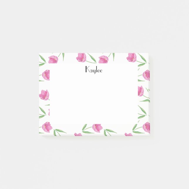 Pink Watercolor Tulips Pattern Personalised Post-it Notes (Front)