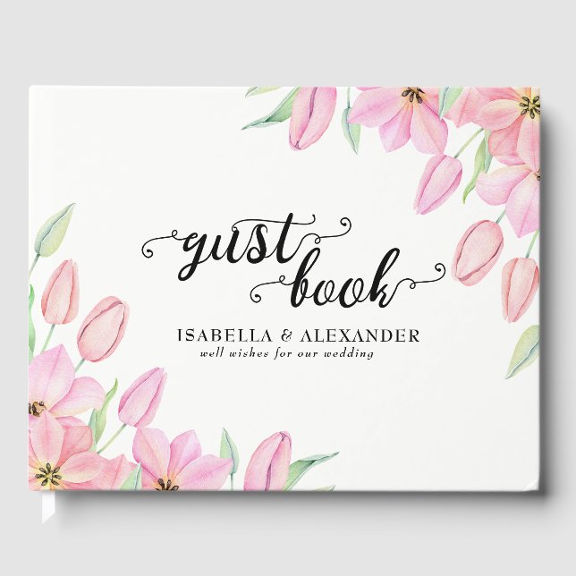 Pink Watercolor Tulips Wedding Guest Book (Front)