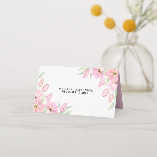 Pink Watercolor Tulips Wedding Place Card (Back)