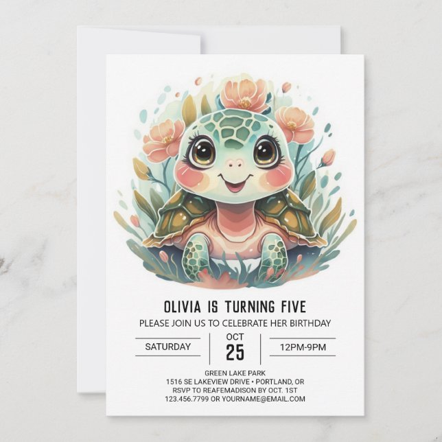 Pink Watercolor Turtle Girl Birthday Invitation (Front)