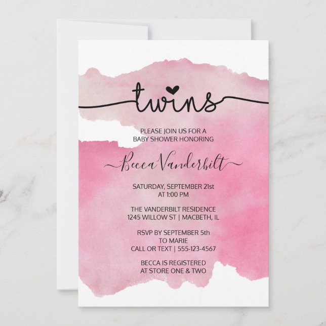 Pink Watercolor Twins Baby Shower Invitation (Front)