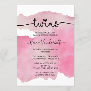 Pink Watercolor Twins Baby Shower Invitation