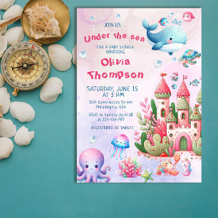 Pink Watercolor Under The Sea Girl Baby Shower Invitation
