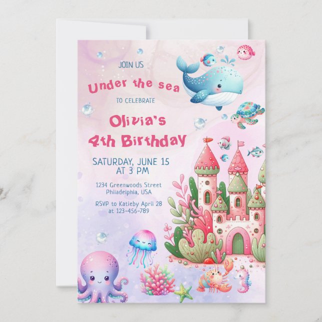 Pink Watercolor Under The Sea Girl Birthday Invitation (Front)