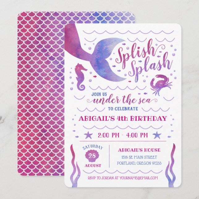 Pink Watercolor Under the Sea Mermaid Birthday Invitation (Front/Back)