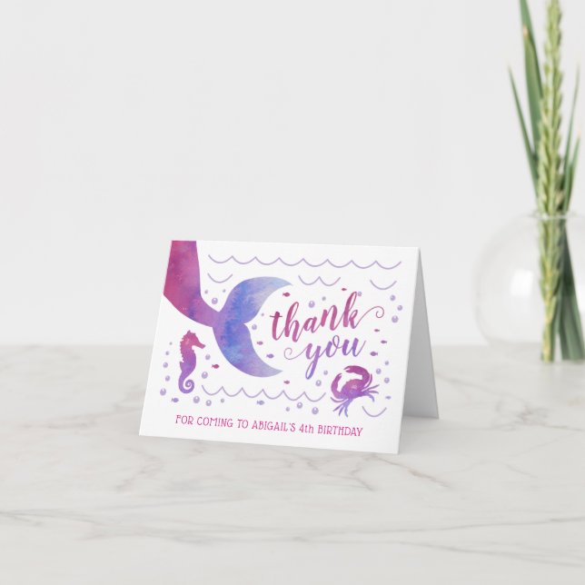 Pink Watercolor Under the Sea Mermaid Thank You Card (Front)