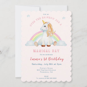 Pink Watercolor Unicorn rainbow 1st birthday Announcement