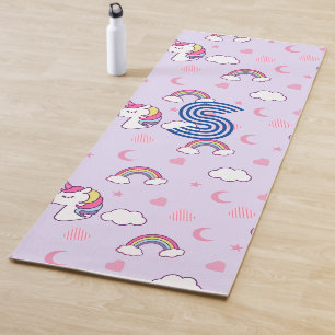 Pink Watercolor Unicorn Yoga Fun Black Monogram Mat