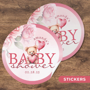Pink Watercolor Valentine Teddy Bear Baby Shower Classic Round Sticker