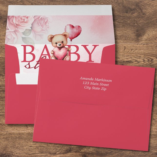 Pink Watercolor Valentine Teddy Bear Baby Shower Envelope (Creator Uploaded)