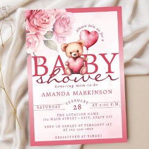 Pink Watercolor Valentine Teddy Bear Baby Shower Invitation