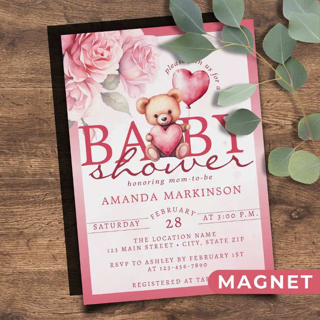 Pink Watercolor Valentine Teddy Bear Baby Shower Magnetic Invitation (Creator Uploaded)
