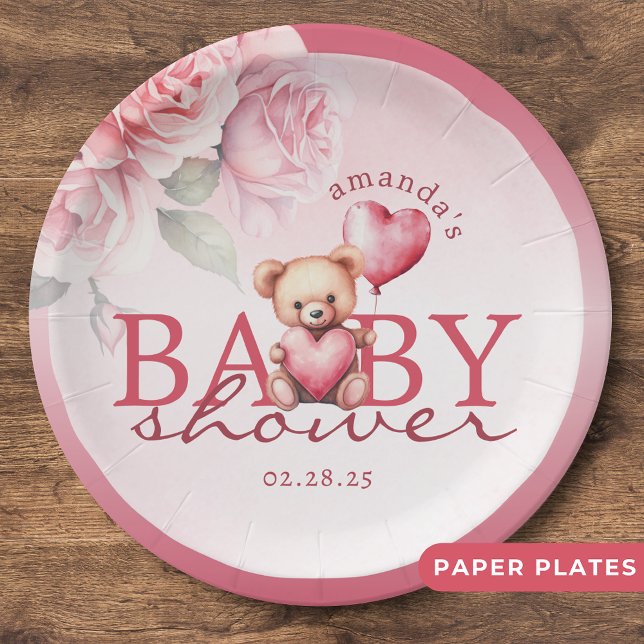 Pink Watercolor Valentine Teddy Bear Baby Shower Paper Plate (Creator Uploaded)