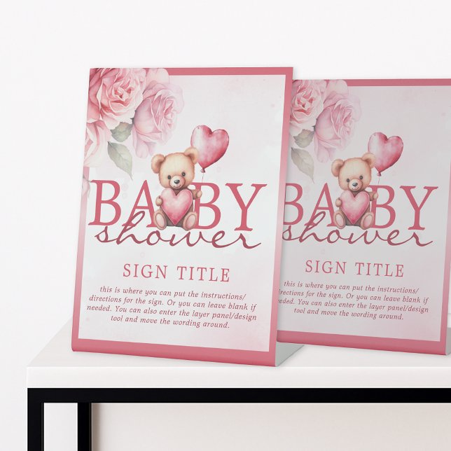 Pink Watercolor Valentine Teddy Bear Baby Shower Pedestal Sign (Creator Uploaded)