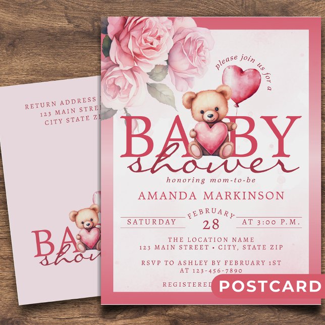 Pink Watercolor Valentine Teddy Bear Baby Shower Postcard (Creator Uploaded)