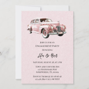 Pink Watercolor Vintage Car Engagement Party Invitation