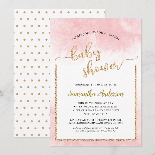 Pink Watercolor Virtual Baby Shower Gold Glitter Invitation (Front/Back)