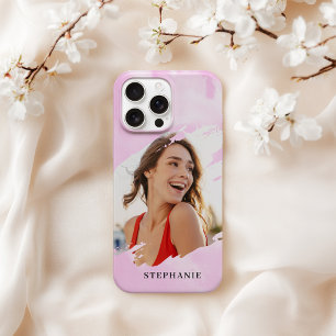 Pink Watercolor Wash Personalised Photo with Name iPhone 15 Pro Case