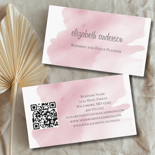  Pink Watercolor Wash Splash QR Code Feminine Business Card (Pink Watercolor Wash Splash Feminine Business card for her. Nails Hair, Event Planner)