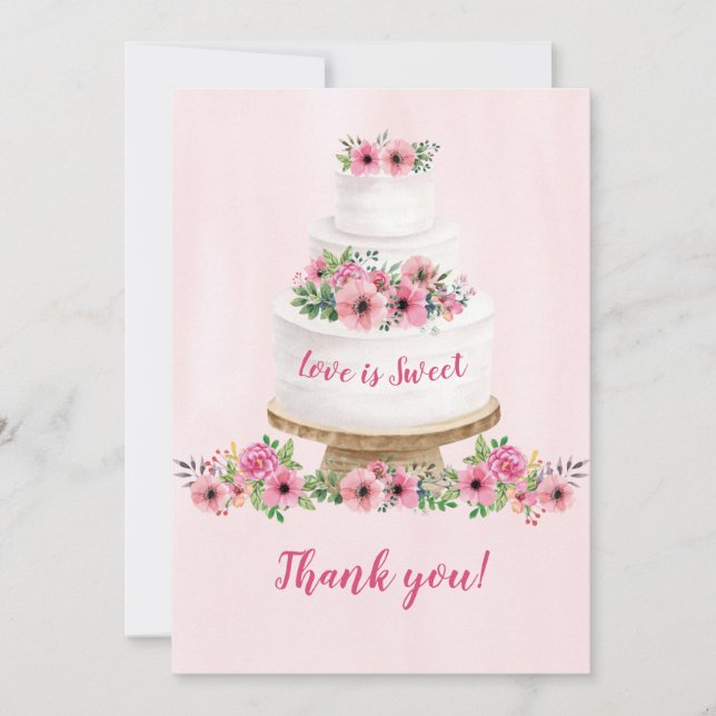 Pink Watercolor Wedding Cake Bridal Shower Thank You Card (Front)