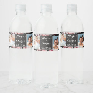 Pink Watercolor Wedding Photo Collage Water Bottle Label