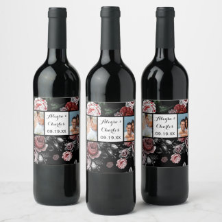 Pink Watercolor Wedding Photo Collage Wine Label