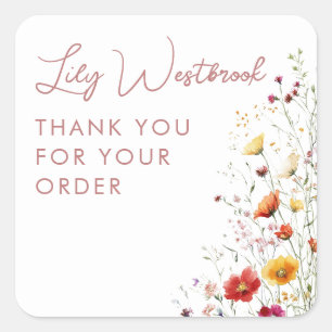 Pink Watercolor Wildflower Floral Script Thank You Square Sticker
