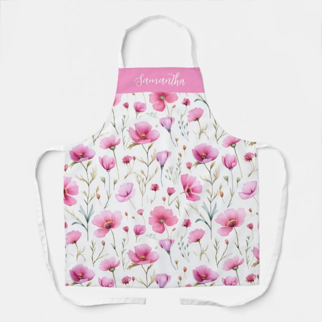 Pink Watercolor Wildflower Monogram Name Apron (Front)
