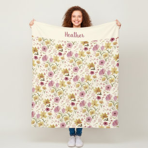 Pink Watercolor Wildflower Monogram Name Fleece Blanket