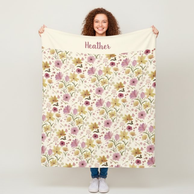 Pink Watercolor Wildflower Monogram Name Fleece Blanket (Creator Uploaded)