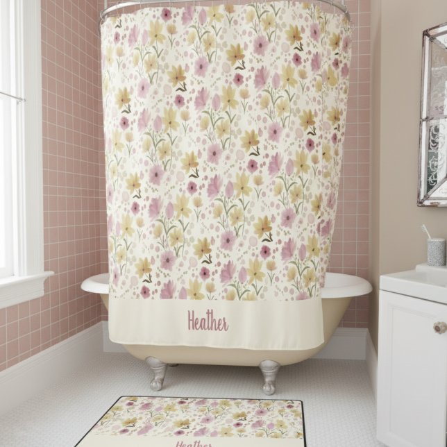 Pink Watercolor Wildflower Monogram Name Shower Curtain (Creator Uploaded)