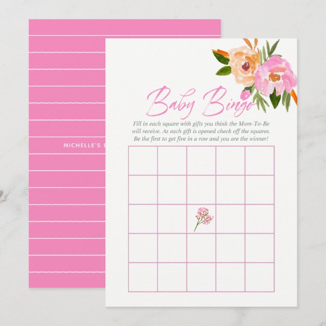 Pink watercolor wildflowers Baby Shower Baby Bingo Invitation (Front/Back)