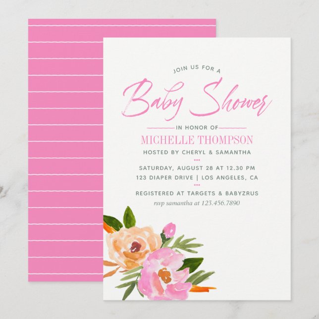 Pink watercolor wildflowers Baby Shower Invitation (Front/Back)