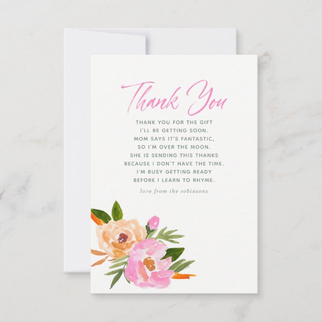 Pink watercolor wildflowers Baby Shower Thank You (Front)