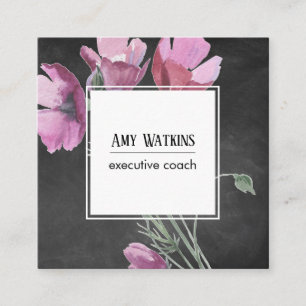 Pink Watercolor Wildflowers Chalkboard Background Square Business Card