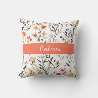 Pink Watercolor Wildflowers Monogram Name Cushion