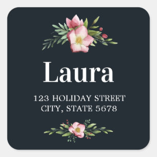Pink Watercolor Winter Blooms   Black Address Square Sticker