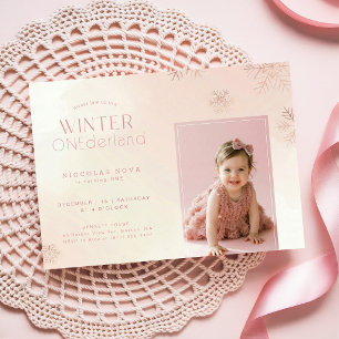 Pink Watercolor Winter Onederland Birthday Photo Invitation