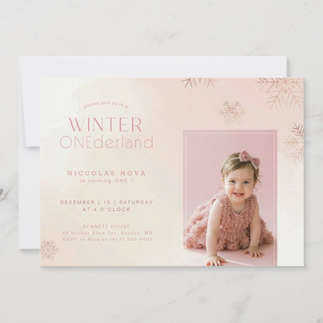 Pink Watercolor Winter Onederland Birthday Photo Invitation (Front)