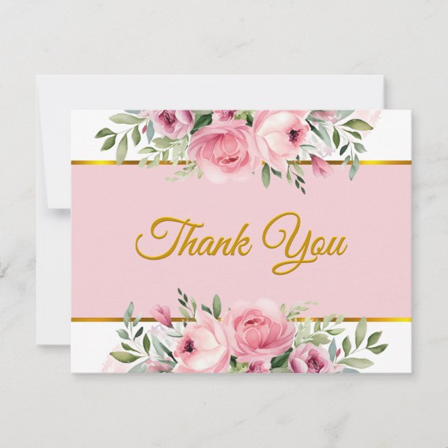 Pink Watercolor with Gold Foil Script Thank You Card (Front)